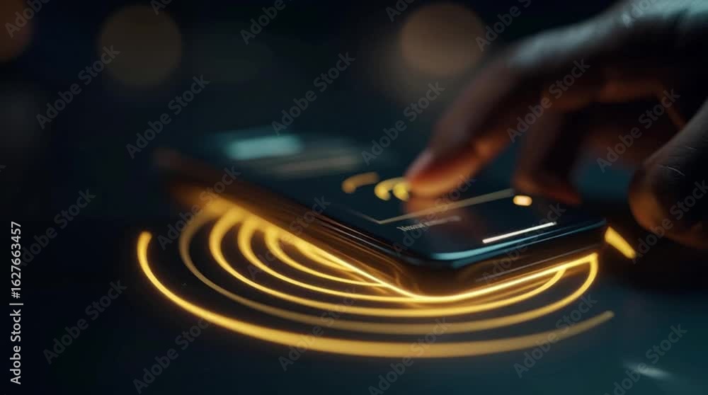 Poster close-up of hand using smartphone with vibrant light trails, showcasing technology use and dynamic m