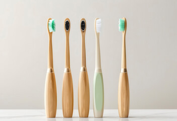 Modern toothbrushes made of environmentally friendly materials, standing upright on a clean white surface.
