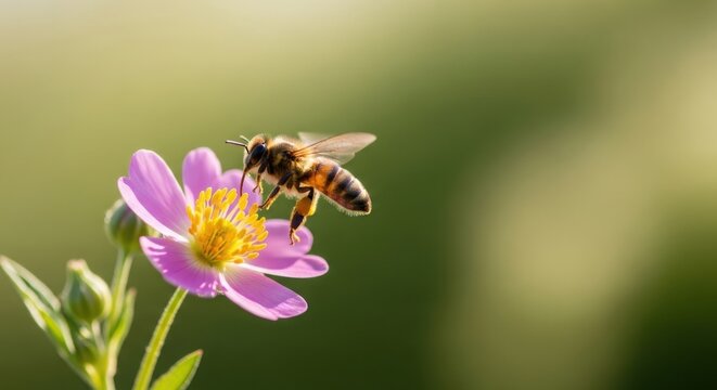 Honey bee collecting nectar from a pink flower with yellow center insect flying - Powered by Adobe