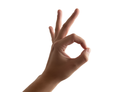 Hand gesture showing okay sign with fingers against transparent background