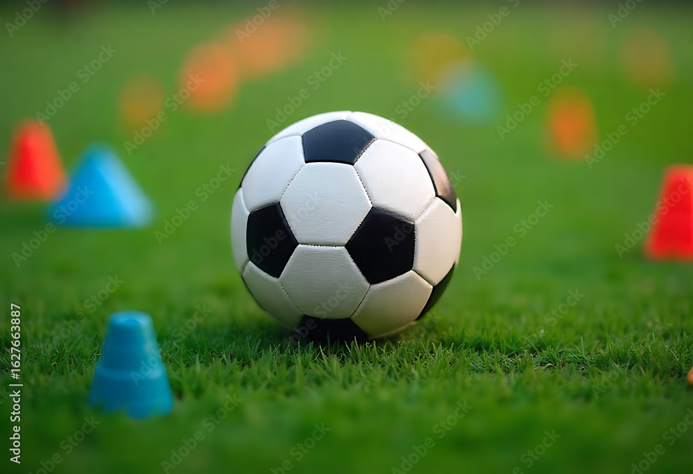 Poster generative ai shows a soccer ball on green grass with colorful cones used in training exercise for