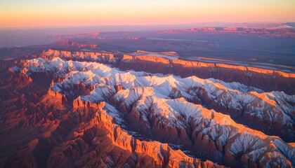 Aerial View of Snow-capped Mountain Range at Sunrise