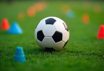 Fototapeta premium Generative AI shows a soccer ball on green grass with colorful cones used in training exercise for