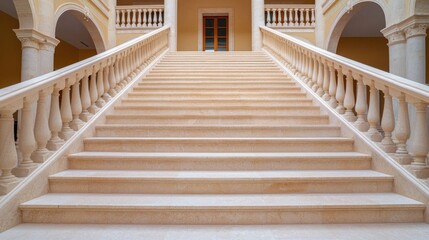Obraz premium Ornate Grand Staircase in Historic Landmark Building Showcasing Stunning Architecture and Symmetrical Design with Arched Entrances and Elegant Columns
