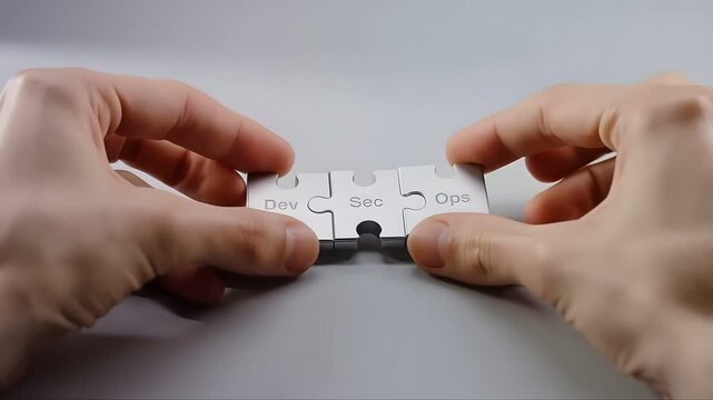 Close-up of Hands Merging Puzzle Pieces Labeled Dev, Sec, Ops Symbolizing Integration of Development, Security, and Operations