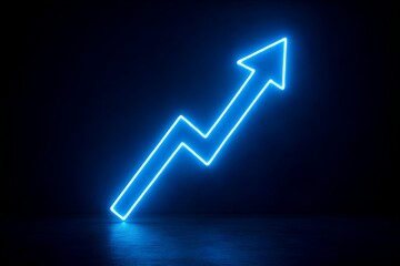 Glowing neon arrow pointing upwards on a dark background, symbolizing growth and success