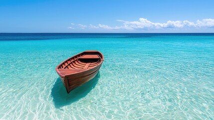 Idyllic island vacation scene featuring a wooden boat floating in the serene crystal clear turquoise waters of a tropical paradise The calm reflective surface and bright