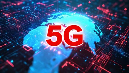 Glowing 5g symbol above earth with digital circuits and red blue lights representing global wireless communication network high speed data transmission and futuristic internet technology in cyberspace - Powered by Adobe