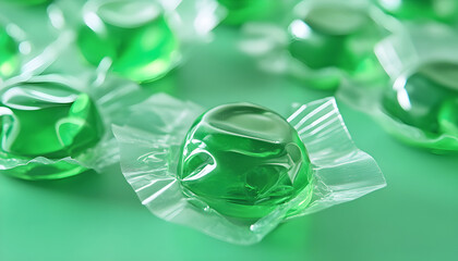 Green candy wrapped in transparent plastic wrapper