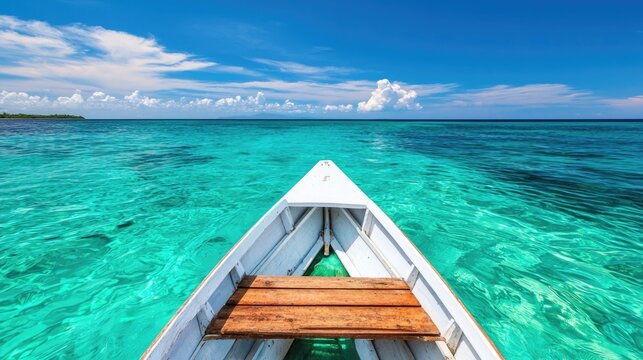 Picturesque island vacation scene with a wooden boat floating on the crystal clear turquoise waters of a tropical lagoon surrounded by a pristine natural landscape under a bright sunny sky