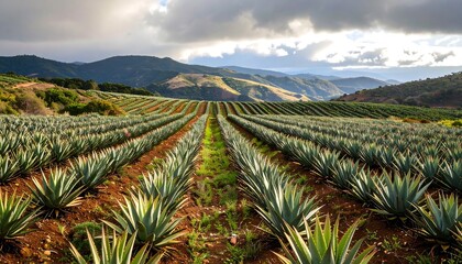 Fototapeta premium Agave Field Landscape with Mountains Under Cloudy Sky