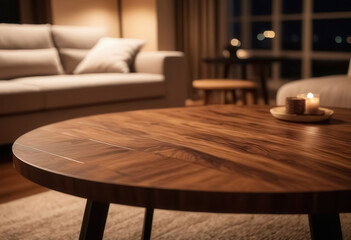 Close-up of a round table with a wood texture in a modern living room with a backdrop