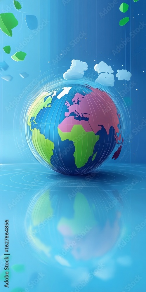 Poster vibrant colorful globe reflecting on a clear surface, representing global connections and unity