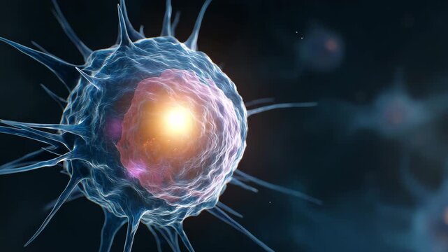 Blue and pink cell with a yellow center. a blue and purple background. stylized cancer cell being enveloped by killer T‑cell graphic, clean UI, break cancer  cells, targeted therapy