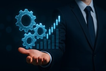 Businessman hand holding virtual gears with growth chart for process improvement, performance optimization and business development