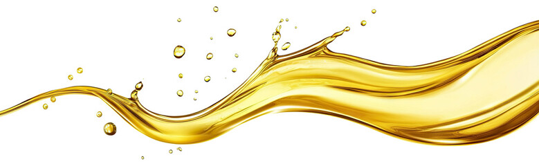 Stream of yellow glossy oil splash, isolated on transparent cutout background
