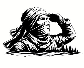 vector style black white stencil drawing of a silhouette of a man wearing a scarf over his face, protest, protester, protestor, anarchy, rebel, fight, fighter, justice, warrior, strength, activist