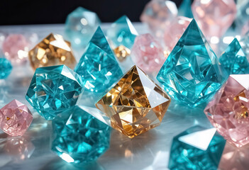 Many three-dimensional translucent multicolored crystals lie on a light surface