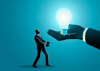 Businessman reaching out to receive a glowing lightbulb from a giant hand. Opportunity, leadership support, innovation, career growth, and inspiration concept.