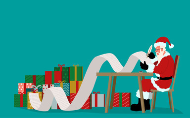Santa Checking Naughty or Nice List. Christmas gift preparation vector illustration.