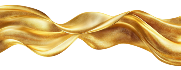 Elegant golden fabric wave flowing horizontally, isolated on transparent cutout background