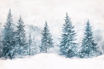 Watercolor winter forest scene with snow-covered pine trees and falling snow in a peaceful, foggy landscape
