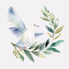 Watercolor illustration of white dove with outstretched wings perched on green olive branch symbolizing peace and harmony
