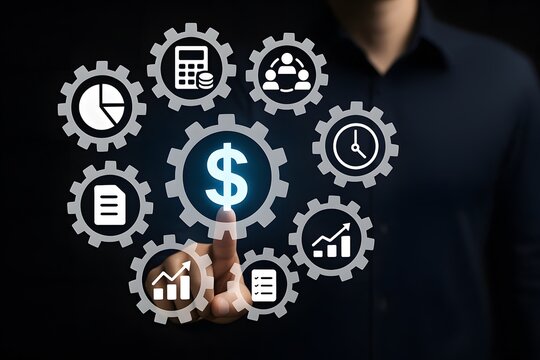Businessman touching gear icons with finance, graph, clock and chart symbols for financial management and business strategy