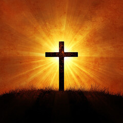Silhouette of Christian cross on hill with dramatic golden sunset rays and glowing sky background
