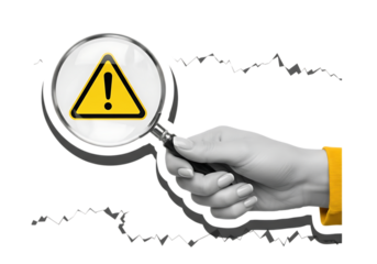 Illustration of a hand holding a magnifying glass over a yellow warning sign with an exclamation mark, highlighting an important alert isolated on transparent background