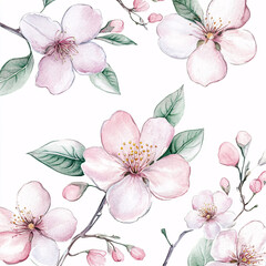 Seamless watercolor floral pattern with delicate pink cherry blossom flowers and green leaves on white background
