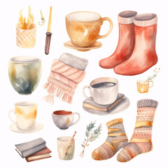 Cozy watercolor autumn clipart set with socks, mugs, candles, books, and scarf in warm pastel tones

