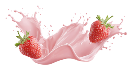 Strawberry falling into milk