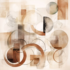 Abstract watercolor art with overlapping circles, squares, and semi-transparent layers in warm brown and neutral beige tones
