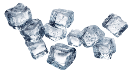 Set of ice cubes in scattered layout, isolated on transparent cutout background