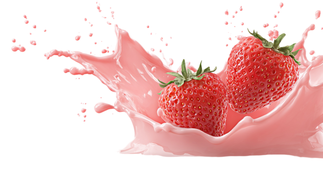 Strawberry falling into milk