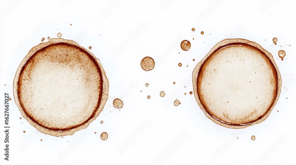 Poster abstract art featuring double coffee imprints with splatters and droplets on a clean canvas surface