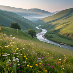 landscape with flowers and lake
