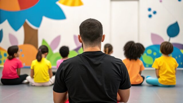 Teacher leading a group of children in a colorful classroom - Powered by Adobe