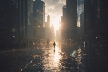 A solitary figure walks through a flooded city street at dusk