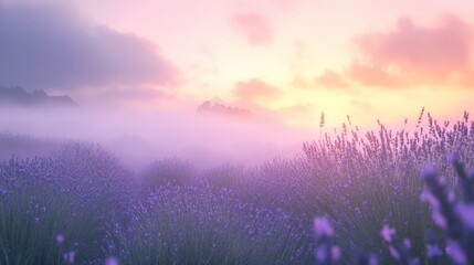 A tranquil lavender field bathed in the soft light of sunrise.