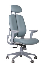 Fototapeta premium Luxurious high-back leather office chair in green with cushioned armrests, swivel base, and ergonomic design for executive comfort and style