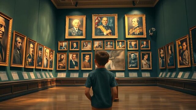 Child stands captivated surrounded by ornate framed portraits in a large museum Rich teal walls and detailed gold frames create a stunning artistic experience
