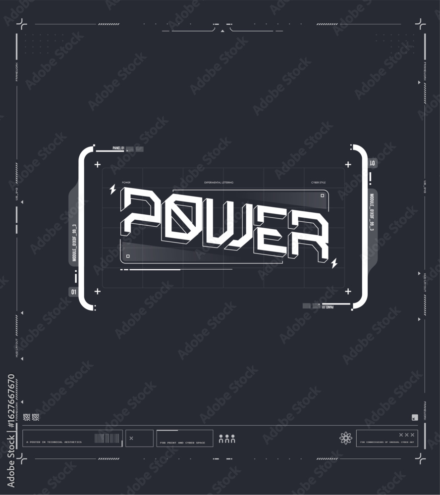 Poster cyberpunk poster featuring power typography with abstract interface elements and digital aesthetics