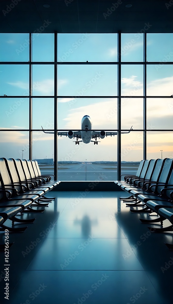 Poster generative ai airplane taking off from airport runway view from the terminal waiting area with