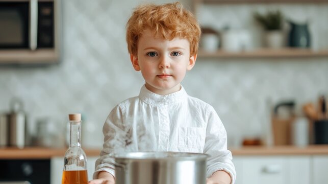 Curious young boy conducting a simple science experiment at home with adult supervision surrounded by kitchen appliances and utensils