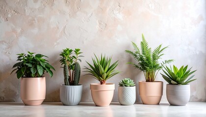 Fototapeta premium Pastel plant arrangement against a textured wall. Soft, elegant, and minimal, perfect for interior design, lifestyle, and botanical projects.