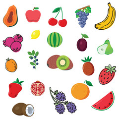 apple, banana, orange, mango, pineapple, strawberry, blueberry, raspberry, blackberry, watermelon, cantaloupe, honeydew, kiwi, peach, plum, pear, cherry, grape, grapefruit, pomegranate, lime, lemon,