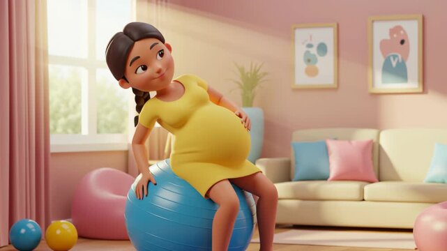 Pregnant 3D cartoon woman exercising on fitness ball in cozy living room