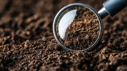 Close up image of a scientist or researcher examining and analyzing soil samples with the help of a magnifying glass in a laboratory setting